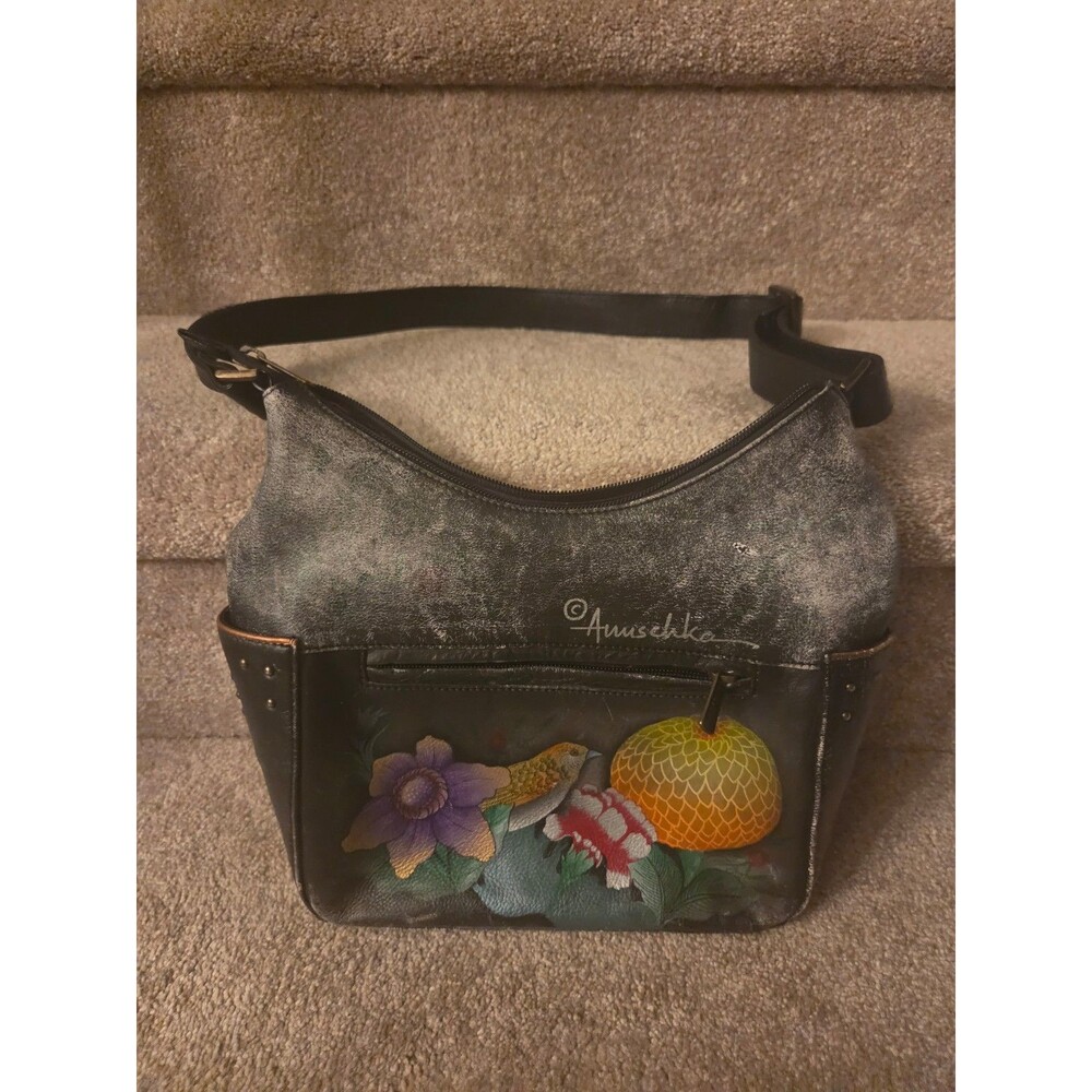 Anuschka "Vintage Bouquet" Classic Leather Hobo Bag w/ Studded Side Pockets